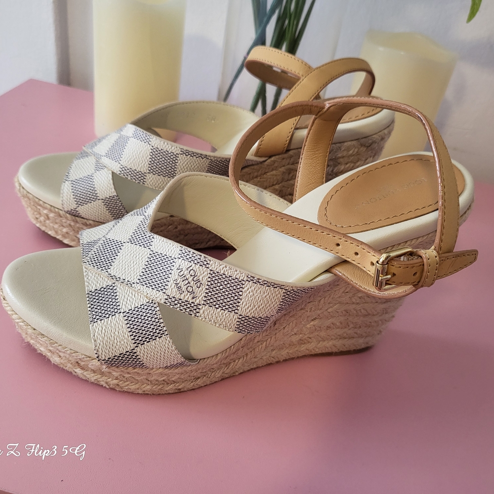 New Authentic Louis Vuitton Damier Azur Canvas Wedge Espadrilles